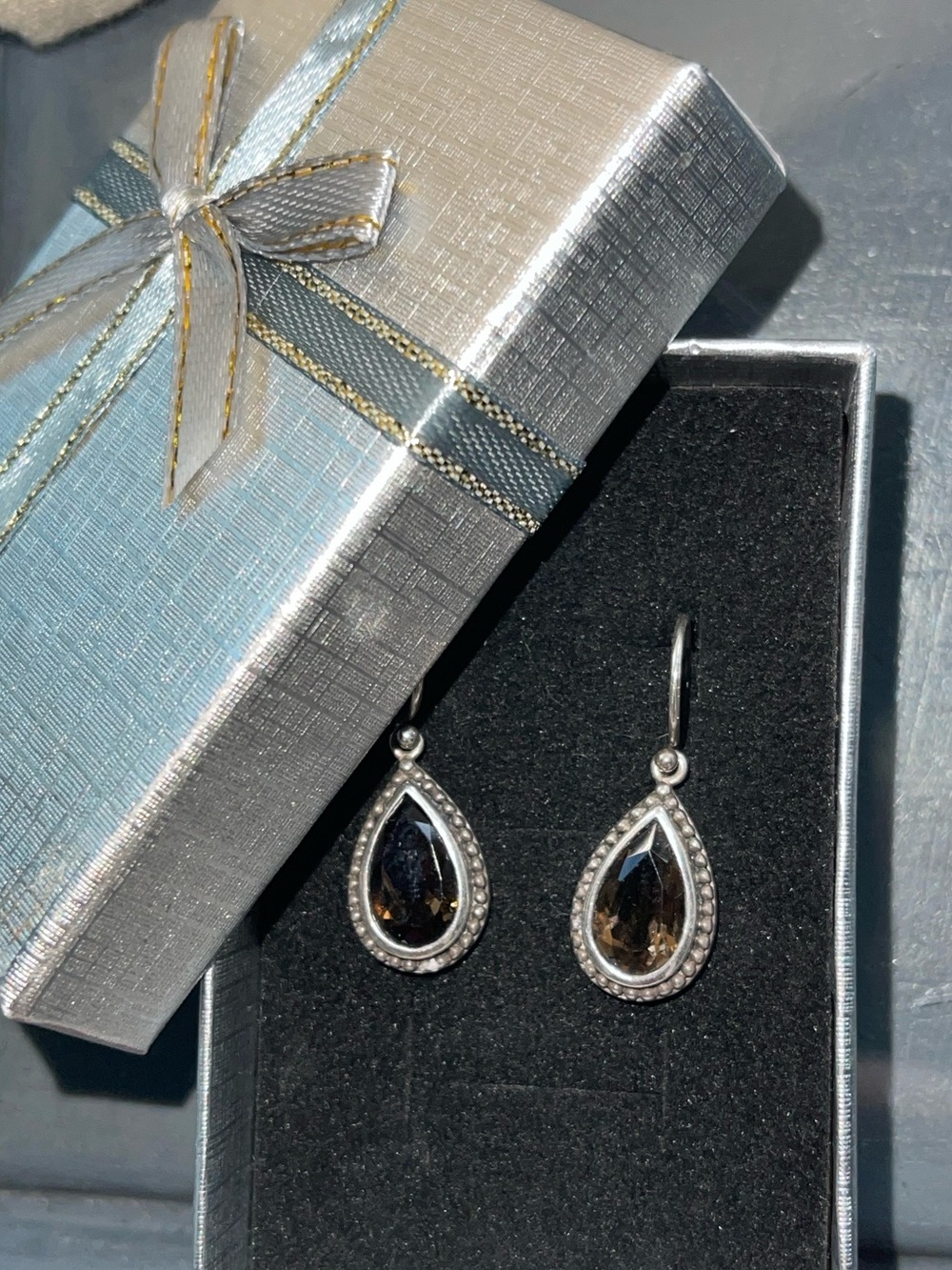 Sterling Silver Teardrop Drop Earrings with Smoky Faceted Quartz